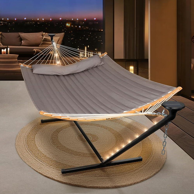 SUNCREAT Double Outdoor Hammock with 12 ft Stand, Backyard Portable Hammock with Stand, Dark Brown