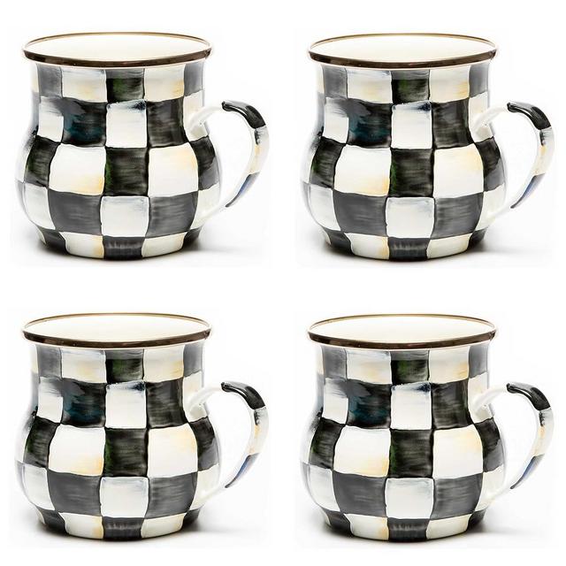 MACKENZIE-CHILDS Courtly Check Enamel Mug Set, Black-and-White Coffee Cup, Set of 4