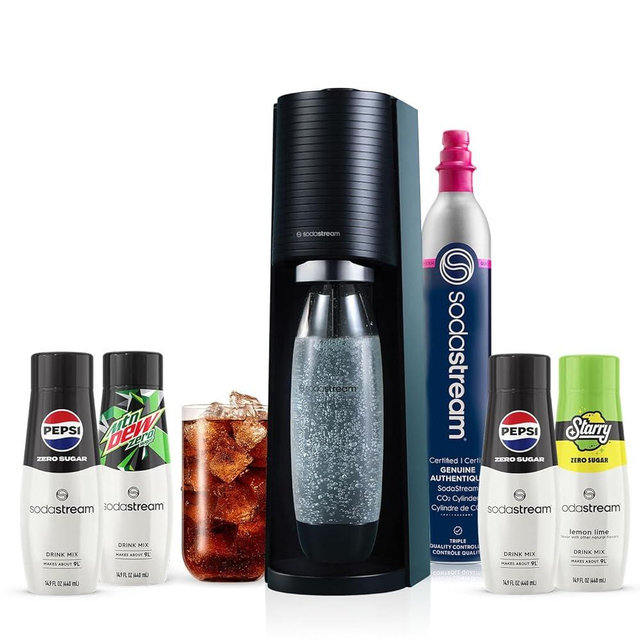 SodaStream Terra Sparkling Water Maker Bundle in Black - includes CO2, Carbonating Bottle, and Pepsi® Zero Sugar, Starry® Zero Sugar and MTN Dew® Zero Sugar 4-Flavor Variety Pack