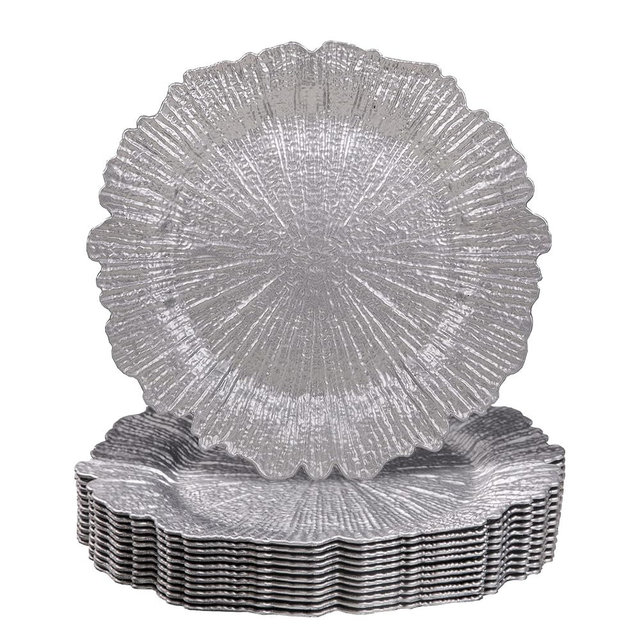 MAONAME Silver Charger Plates Set of 12, Plastic Reef Plate Chargers for Dinner Plate, Decorative Plates for Wedding Decor