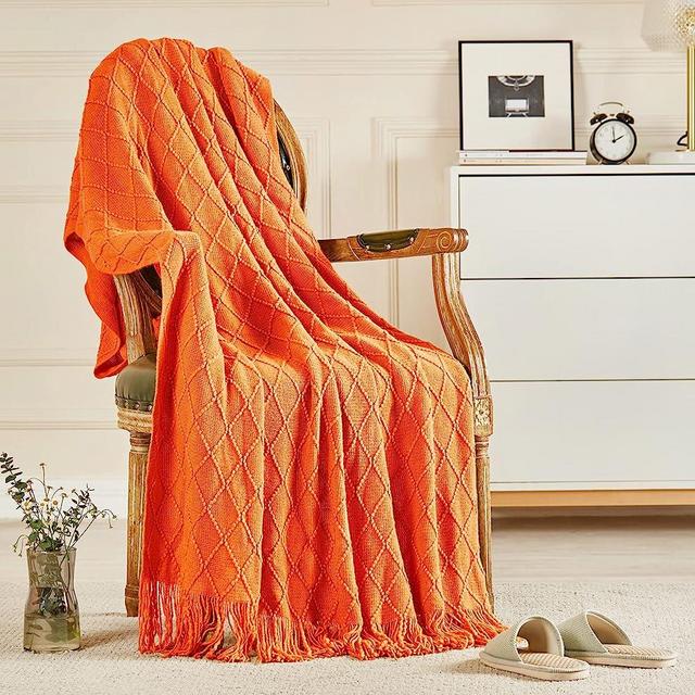 inhand Knitted Throw Blankets for Couch and Bed, Soft Cozy Knit Blanket with Tassel, Burnt Orange Lightweight Decorative Blankets and Throws, Farmhouse Warm Woven Blanket for Men and Women, 50"x60"