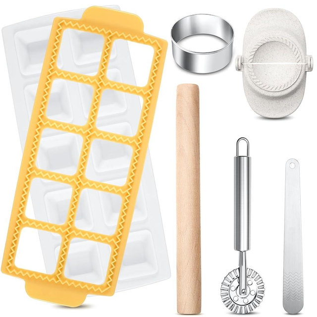 Reallnaive 6 Pcs Square Ravioli Maker Press Mold Set with Wood Rolling Pin Empanada Maker Press with Dough Cutter Dumpling Filling Spoon Ravioli Wheel for Pasta Making Tool (Yellow)