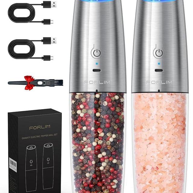 FORLIM Gravity Electric Salt and Pepper Grinder Set, USB Rechargeable Automatic Salt and Pepper Shakers Set with LED Light, Adjustable Coarseness, One Hand Operated Stainless Steel Pepper Mill, Sliver