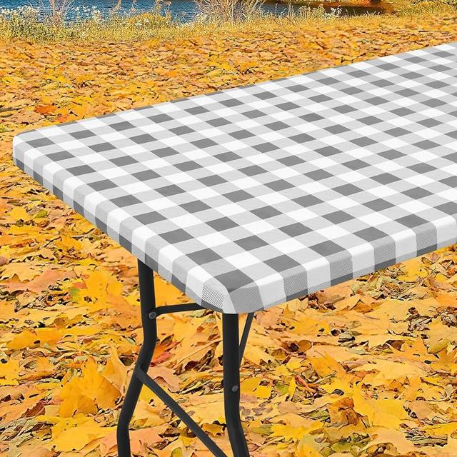 Smiry Rectangle Picnic Table Cloth, Elastic Waterproof Fitted Vinyl Tablecloth for 6 FT Tables, Flannel Backed Buffalo Plaid Table Covers for Dining, Camping, Outdoor (White and Grey, 30" x 72")
