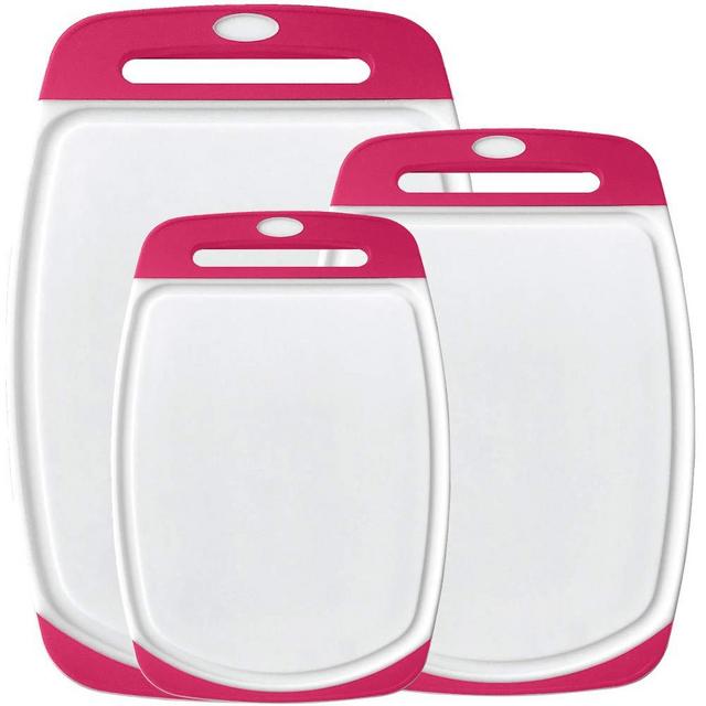 Gorilla Grip Durable Kitchen Cutting Board Set of 3, BPA Free, Reversible Use, Easy Grip Rubber Handles, Deep Juice Grooves, Large Food Chopping Boards, Dishwasher Safe, Chop Meat, Veggies, Hot Pink