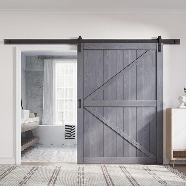 FREDBECK 60in x 84in Gray Wood Barn Door Slab with 10ft (120inch) Barn Door Hardware Track Kit Included, Double Surfaces,Simple Assembly is Required,K-Frame,Grey