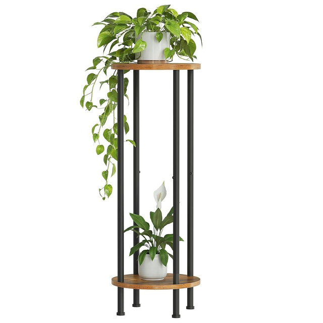 HOOBRO Plant Stand Indoor, 2 Tier 32.8" Tall Small Plant Shelf for Small Space, Round Potted Holder Rack, Modern Flower Stand for Living Room Balcony Garden, Rustic Brown and Black BF15HJ01