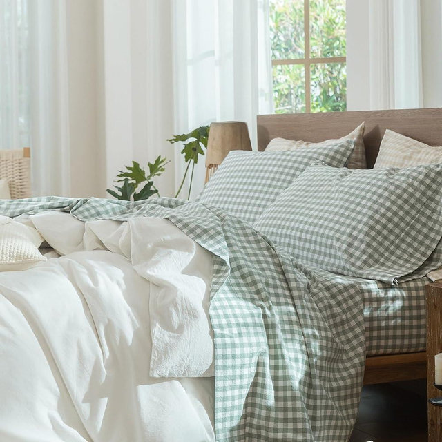 MooMee Gingham Sheet Set 100% Washed Cotton Linen Like Textured Breathable Soft w/ Fully Elasticized 16-19" Deep Pocket (Classic Gingham Sage Green, King)