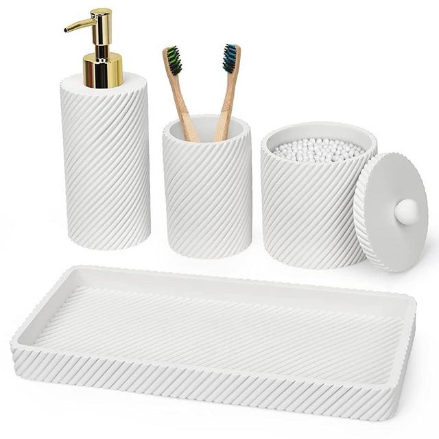 Bathroom Accessories Set 4Pcs-Lotion Soap Dispenser,Toothbrush Holder,Qtip Holder Dispenser,Vanity Tray for Decor Bathroom Countertop,Vanity Organizer-Pearl White
