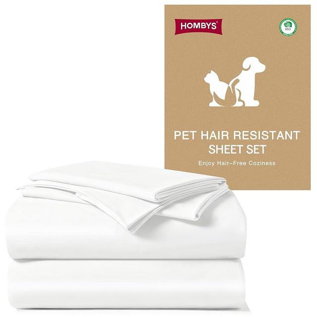 HOMBYS Pet Hair Resistant Sheet Set King Size, Silky & Static Control, 4 Pc Bed Sheets for Pet Owners, Deep Pocket Fitted Sheet, Wrinkle Free, White