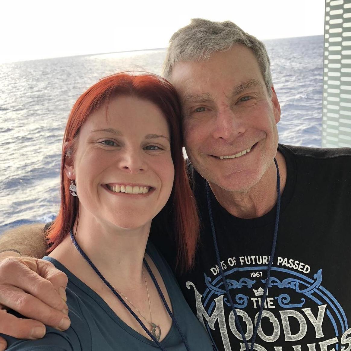 Jackie with her dad on the Moody Blues Cruise they took in January of 2018