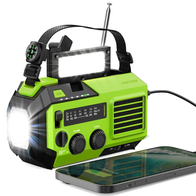 FosPower NOAA Emergency Weather Radio A6 19240mWh Portable Power Bank, AM/FM, USB/Solar/Hand Crank Charging, Battery Operated, SOS Alarm & Flashlight for Indoor/Outdoor Emergency - Green
