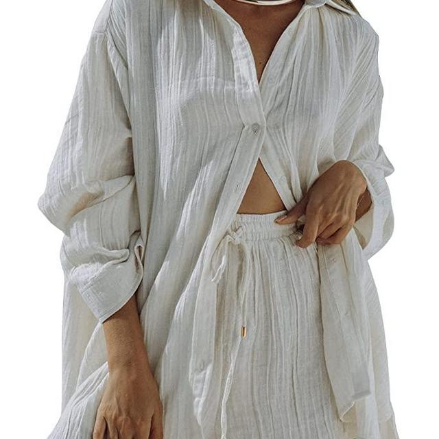 Fixmatti 2 Piece Casual Outfits Long Sleeve Button Down Shirt and Shorts Sweatsuit Sets