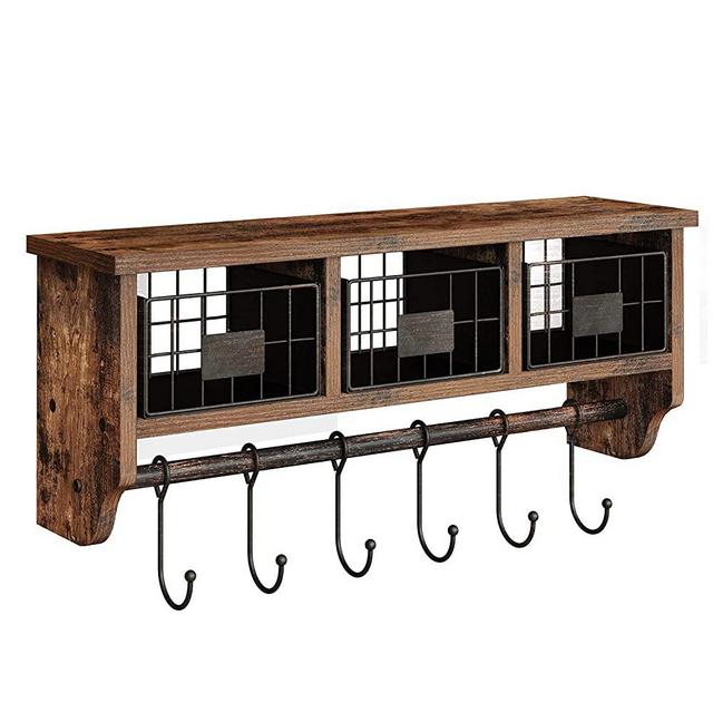 Rolanstar Rustic Wall Mounted Storage Cabinets Coat Rack 6 Hooks Hanging Entryway Shelf, Floating Shelf, Wood Wall Shelves for Storage and Display Multiuse, WS001-A