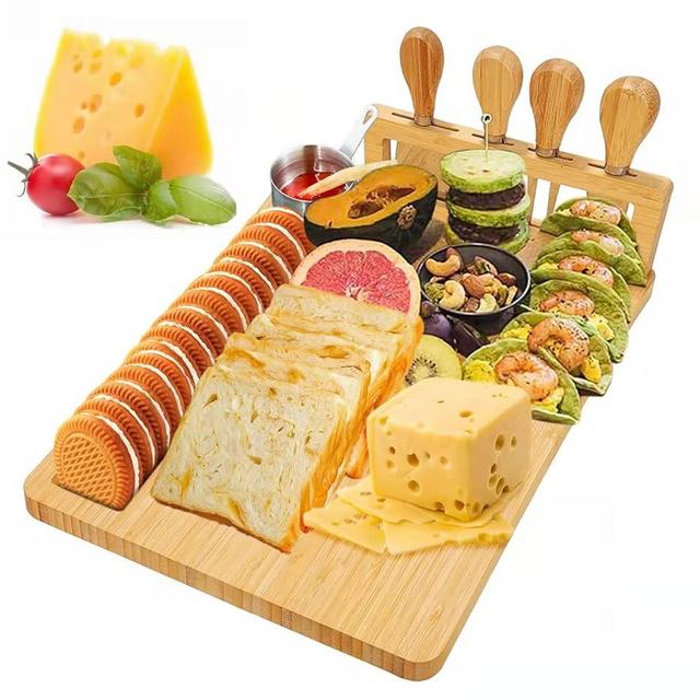 Kylinbigda Bamboo Cheese Board, Cheese Tray with 4 Stainless Cutlery Set,Charcuterie Board and Serving Meat Platter, Ideal for Halloween, Wedding, Christmas Gifts