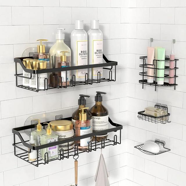 Cvtayn 5 Pack Shower Caddy, Strong Adhesive Shower Organizer No Drilling, Rustproof Wall Mounted Bathroom Shower Shelves Large Capacity, Shower Shelf for Inside Shower Kitchen Storage, Black