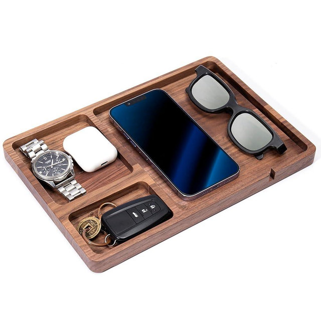 Walnut Wooden Valet Tray - Nightstand EDC Valet Tray, Desk Organizer Gift for Men & Women, Elegant Sleek Catchall for Glasses Wallet Keys Watch Phone, Dresser Bedside Organizer