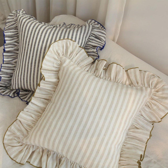 Striped Linen Pillowcase with Ruffles – Handmade Linen Euro Sham with Overlock Edge and Frills, Multiple Sizes Available