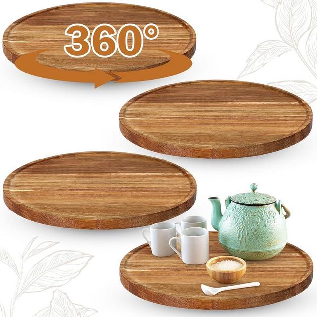 Kigley 4 Pcs Acacia Wood Lazy Susan Organizers Lazy Susan Turntable for Cabinet Non Skid Kitchen Tray for Counter Pantry Spice Salt Pepper Olive Oil Table Organization and Storage (12 Inch)