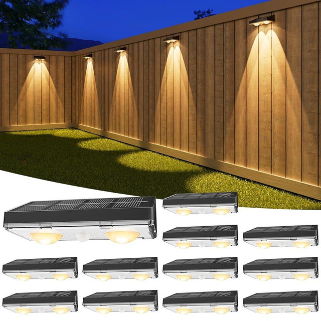 VOLISUN Solar Fence Lights, 12 Pack Solar Powered Fence Lights Outdoor with Warm White LED Spot Lens, IP65 Waterproof Fence Solar Lights Outdoor for Patio, Backyard, Railing, Deck（Black）