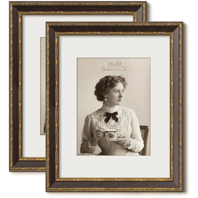 FrameMind Vintage 16x20 Picture Frame, Ornate Antique Gold 16x20 Frame, Display 11x14 with Mat or 16 x 20 without Mat for landscape or Portrait, Gallery Wall Decor for Home (Brown/Gold, 2 Pack)