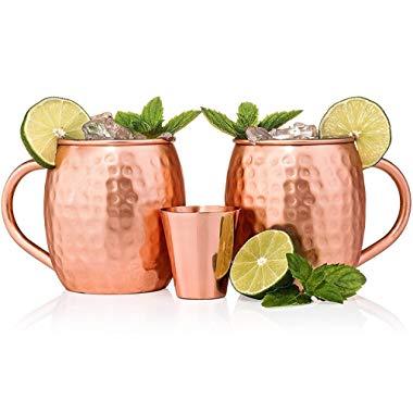 Moscow Mule Copper Mugs Set - FREE 2 Straws and Shot Glass - Set of 2 HandCrafted Food Safe Pure Solid Copper Mugs - Attractive GIFT BOX (Barrel)