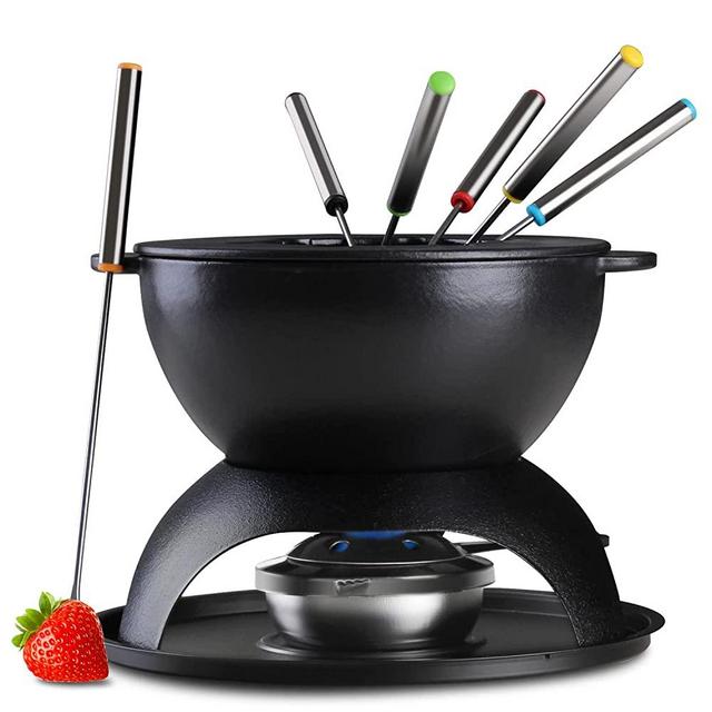 Artestia Fondue Pot Set, Cast Iron Chocolate Fondue Pot Set with 6 Fondue Forks, 11-Piece Cheese Fondue Set & Meat Fondue Set for 6 Perons (Black Matt)