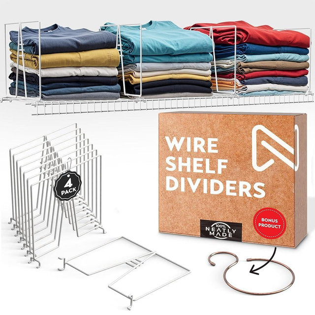 Tall White Wire Shelf Dividers for Closet Organization – Sturdy and Easy Set-Up Closet Shelf Dividers with Bonus Rose Gold Hanger (12 inch Wire Shelves, 4-Pack)