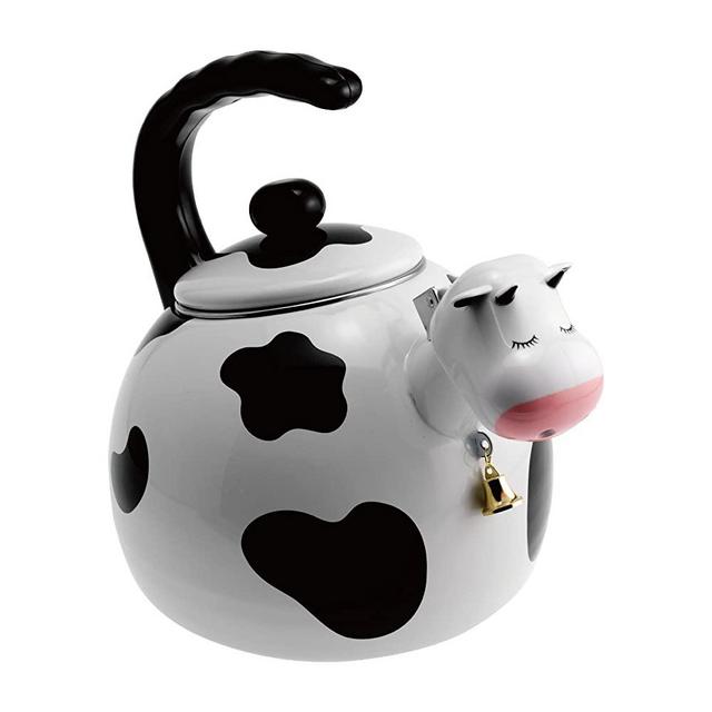 Supreme Housewares Enamel on Steel Whistling Teakettle, Stovetop Tea Kettle (2.3 Quart, Cow)