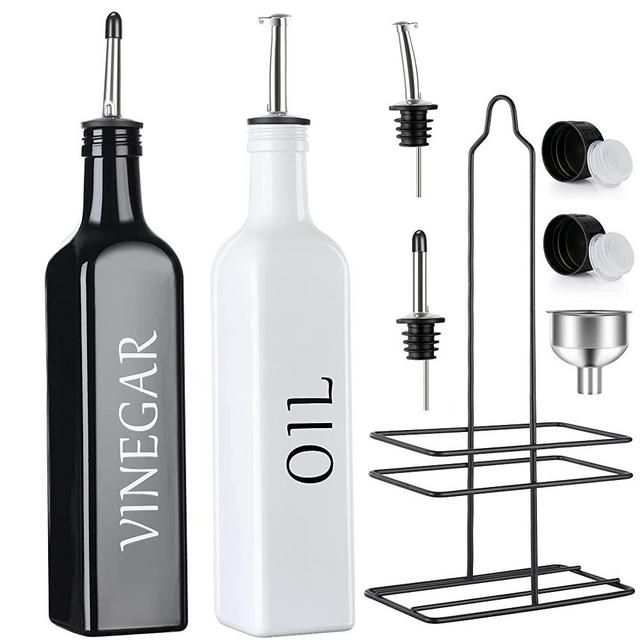 [2 PACK] 17oz Oil Dispensers, Vakoo [Farmhouse Style] [Leak Proof] Superior Glass Olive Oil and Vinegar Dispenser Set for Kitchen with Caddy Holder, Spouts, Caps & Funnel for Easy Refill