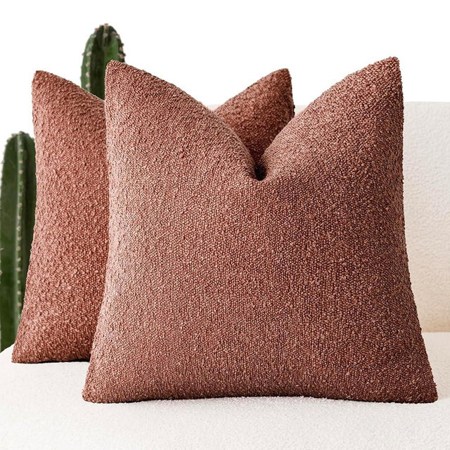 Foindtower Pack of 2 Textured Boucle Throw Pillow Covers Accent Solid Pillow Cases Cozy Soft Decorative Couch Cushion Case for Chair Sofa Bedroom Living Room Home Decor 18x18 Inch Orange Rust Red
