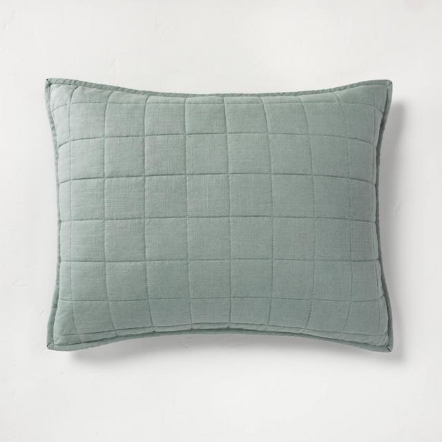 King Heavyweight Linen Blend Quilted Pillow Sham Sage Green - Casaluna™