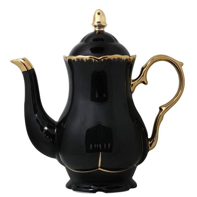 Jomop Ceramic Teapot with Gold Trim Elegant Profile Decoration Extra Large Black Housewarming Gift for Tea Lovers 4-6 Cups (1, Black)