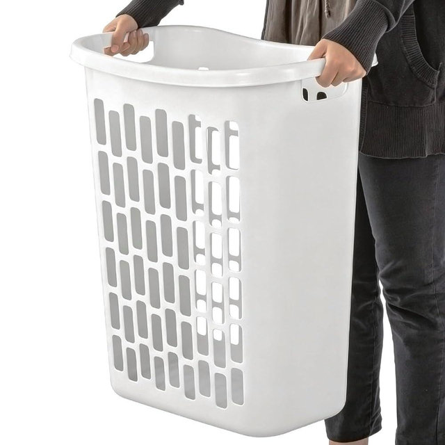 Large Plastic Laundry Hamper, White, Slim Rectangular, Ventilated, 63 Liter, Reinforced Handles, Clothes Basket for Bathroom, Dorm, and Closet