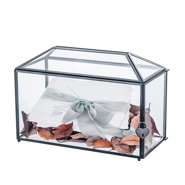 NCYP 12.6x5.9x9inches Large Wedding Glass Cards Box with Slot and Heart Lock, Handmade Black Geometric Terrarium Box for Birthdays Party Receptions, Keepsake, Wishing Well (Glass Box and Lock Only)