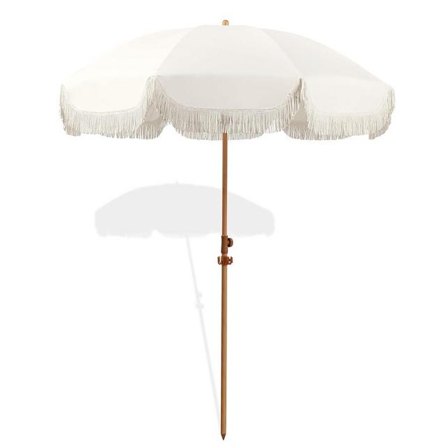 Seazul 7.5ft Patio Umbrella with Fringe, Beach Umbrella, Fringe Umbrella Outdoor Patio with Hanging Hook, Tilting Aluminum Pole, UV 50+, Fiberglass Ribs, Elegant Cream
