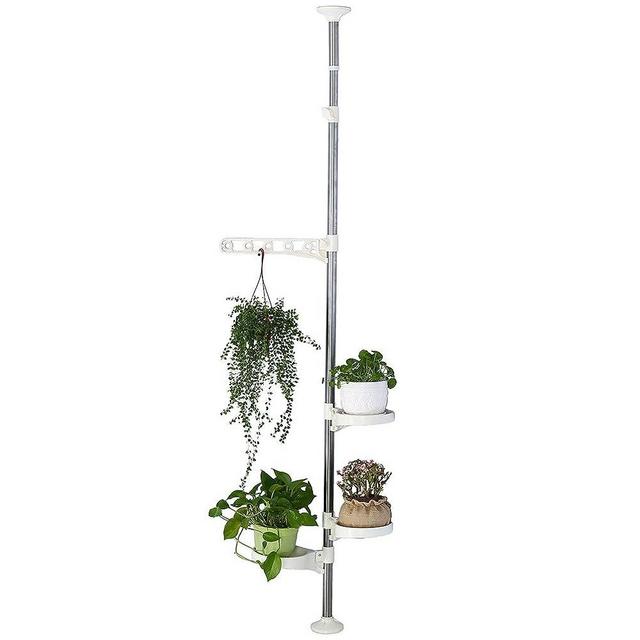 BAOYOUNI Indoor Plant Pole Stand Tension Rod Hanger Window Sill Flower Display Rack Holder Adjustable Corner Vertical Storage Organizer with 3 Trays & 1 Arm for Counter Top, Ivory