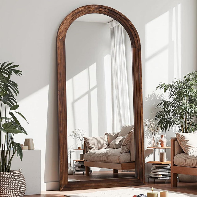 Antok Floor Mirror, 71"×32" Wood Full Length Mirror Wooden Full Body Mirror with Stand, Hanging Mounted for Living Room Cloakroom, Walnut, Arched Style