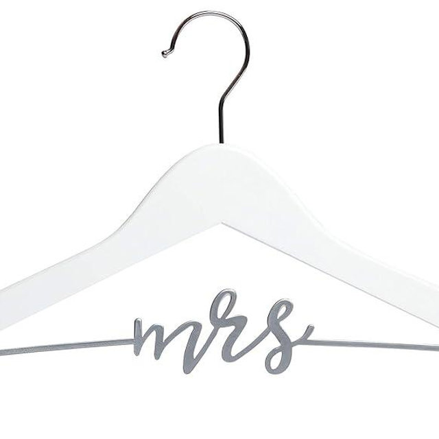 Pearhead Mrs. Wedding Dress Hanger, Wooden Bridal Gown Hanger with Cursive Wire Lettering, Wedding Photo Prop and Bridal Keepsake, White and Silver
