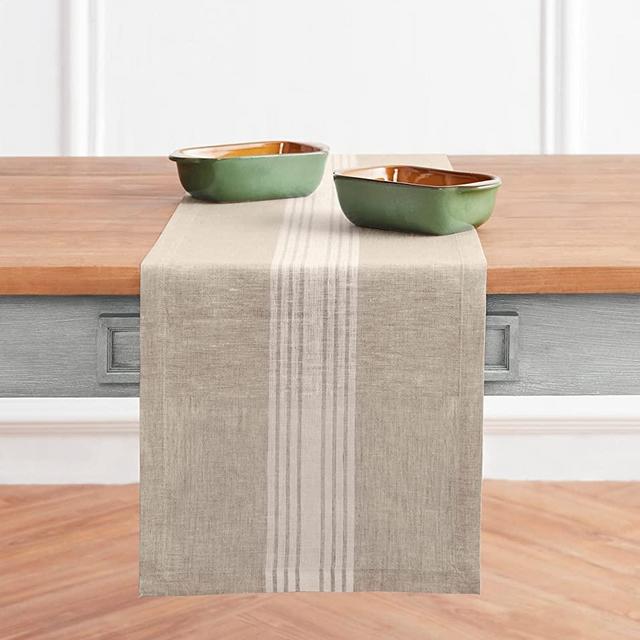 Solino Home Linen Striped Table Runner – 100% Linen Linen Farmhouse Table Runner 14 x 90 Inch – White and Natural Table Runner for Spring, Summer – Handcrafted from European Flax