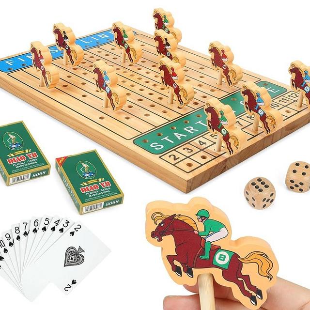 Horse Racing Board Game for Adults and Family, Adult Games for Parties, Easy Family Game Night for All Ages, Wooden Race Board with 11 Horses, 2 Dices, Cards and Instructions