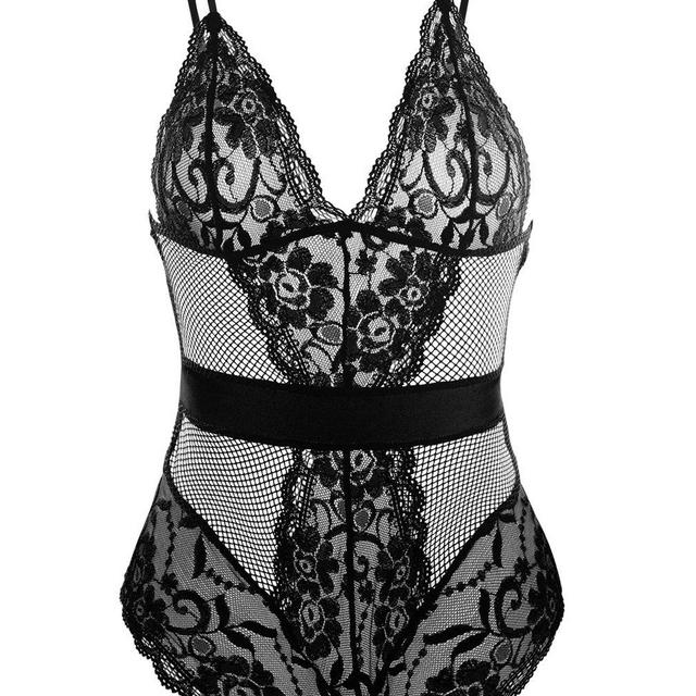 Garmol Women Lingerie One Piece Fishnet Teddy Lace Cups Bodysuit Mesh Babydoll Black