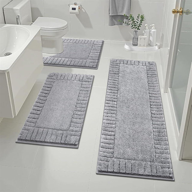 Pauwer Bathroom Rugs Sets 3 Piece Bathroom Shower Rugs with U-Shaped Contour Toilet Mat Absorbent Microfiber Plush Bath Mats Non Slip Bath Rugs Machine Washable Shaggy Bath Mat Set, Border Light Grey
