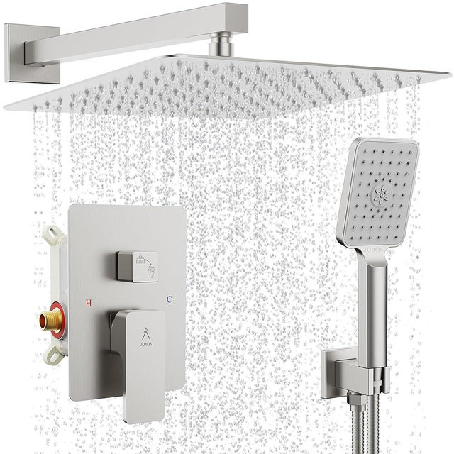 JQBQS Shower System Modern Rain Brass Faucet Set With Valve and Diverter Shower Mixer With Handheld High Pressure Square Rainfall Shower Valve (12'' Wall Mount, Brushed Nickel)