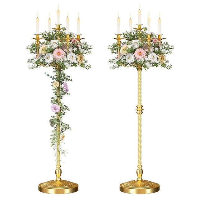 mopam 2 Pcs Floor Candelabra 50 Inch Gold Candelabra Centerpiece 5 Arms Floor Standing Candelabra Gold Candlestick Holder Antique Candle Holder Decorative for Party, Ceremony, Wedding (Line Styling)
