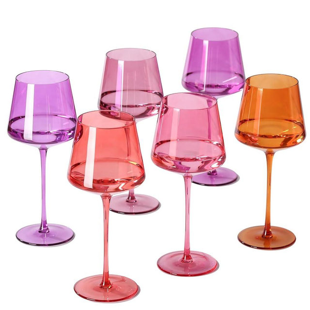 Colored Wine Glasses Set of 6 – 18oz Hand-Blown Crystal Stemmed Wine Glasses, Vibrant Sunset Square stemware for Red & White Wine, Unique Gift for Wedding,Birthday