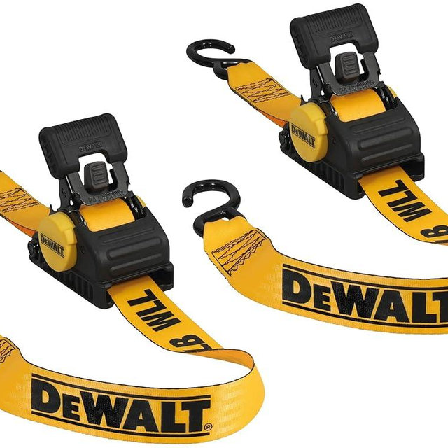 DEWALT DXBC9002 Black/Yellow 2” x 10’ Auto Retractable Ratchet Straps - 1,100 lb Safe Working Load / 3,300 lb Break Strength, 2 Pack