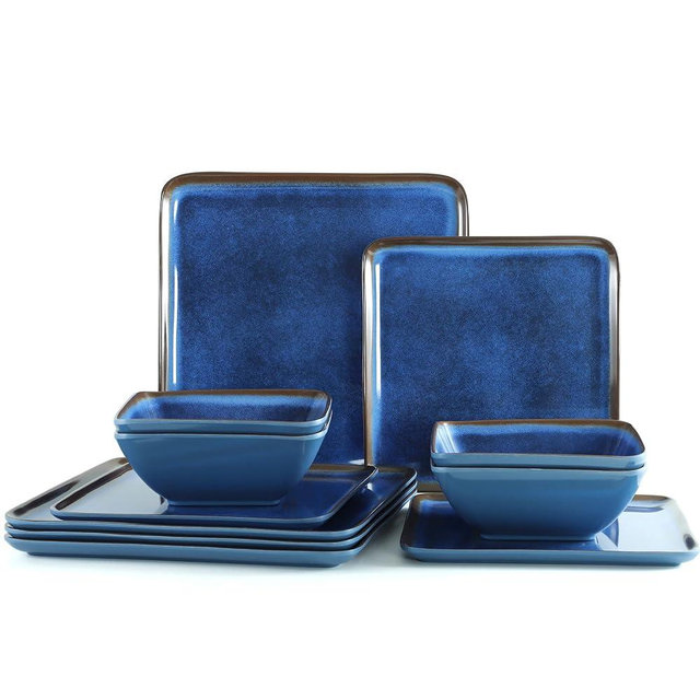 Golonger Square Melamine Dinnerware Set of 12pcs, Blue Dish Set for 4,Unbreakable Plate and Bowl Set, Lightweight, Dishwasher Safe and BPA Free,Suit for RV,Camping