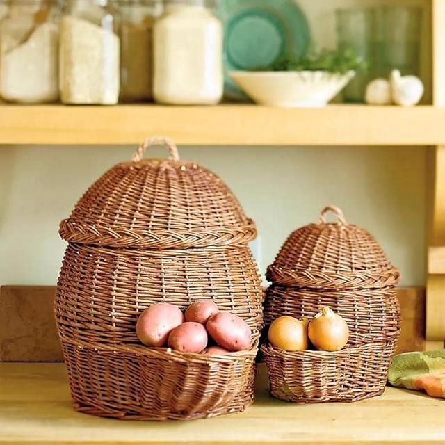 Gardener's Supply Company Potato and Onion Woven Basket | Natural Wooden Basket Storage for Fruits & Vegetables Kitchen Pantry Organizer Container | Large & Small Baskets with Lid -(Set of 2)