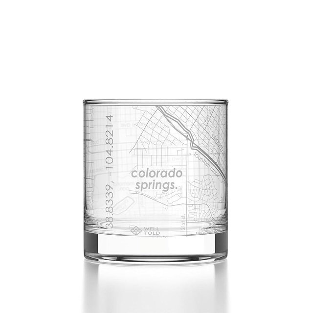 Well Told Engraved Colorado Springs Colorado Map Rocks Glass, Old Fashioned Glassware (11 oz, Clear) Etched Bourbon Tumbler, Gifts For Whiskey Lovers